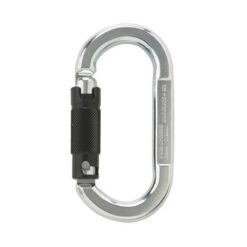Silberner, ovaler Stahlkarabiner mit schwarzem Twist-Lock Verschluss auf weißem Quadrat.