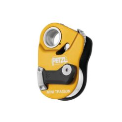 Vorderseite der Petzl Mini Traxion Seilrolle mit goldener Seitenwand und schwarzem Hebel.