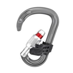 Grauer Petzl Attache Karabiner mit Bar Positionierungsbügel in geöffnetem Zustand.