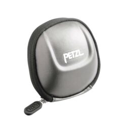 Graues Petz Etui für Stirnlampen mit Reißverschluss und Logo in weiß.