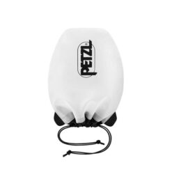 Weiße Petzl Shell LT Stirnlampen Schutzhülle mit Kordel und Wortmarke.