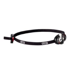 Schwarze Petzl E+ Lite Notfall Stirnlampe vor weißem Hintergrund.