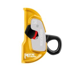 Golden - schwarze Petzl Rescucender Seilklemme mit Sicherheitsverschluss offen.