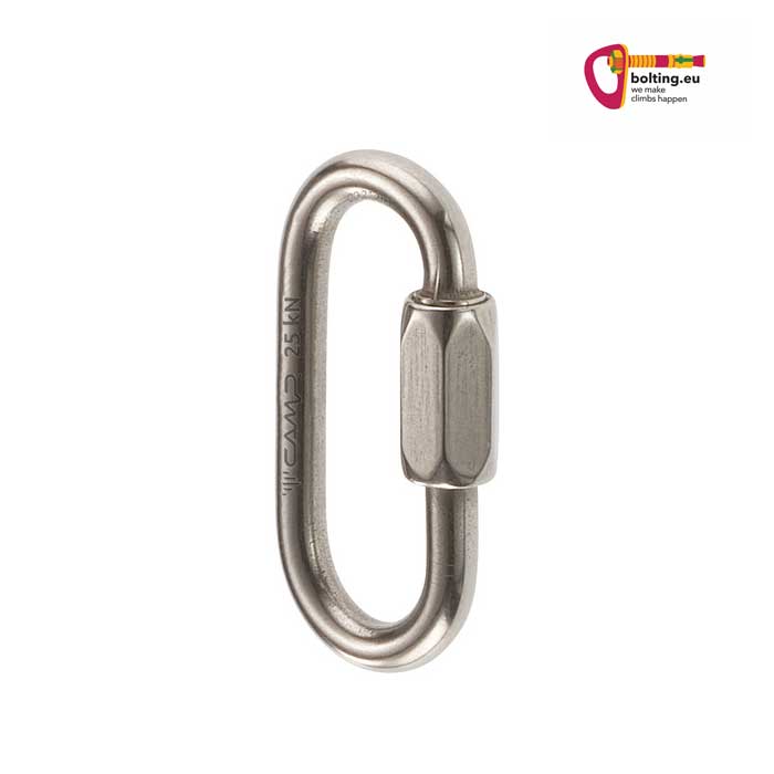 Silbernes Mini Schraubglied aufrecht auf weißem Hintergrund mit bolting.eu Logo.