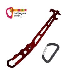 Roter Kop de Gas Bin Klemmkeilentferner für Friends, schwarzer Materialkarabiner und buntes bolting.eu Logo.