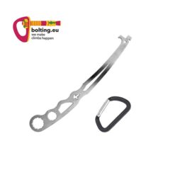 Silberner Kop de gas Flynut Klemmkeilentferner mit Fassung zum Anziehen von Bohrhaken und schwarzer Karabiner.