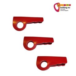 Drei rote Kop de Gas sawed off angles Felshaken und buntes bolting.eu Logo.