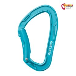 Türkiser Edelrid Mission Bent Karabiner mit Schnapper nach links. Rechts oben buntes bolting.eu Logo.