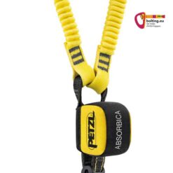 Black and yellow Petzl Absorbica Y 150 webbing energy absorber with logo on white background.
