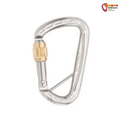 Silberner Austrialpin FERR.DA Edelstahl Schraubkarabiner mit Splint und goldfarbener Messingrolle.