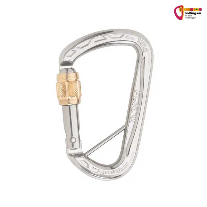 Silberner Austrialpin FERR.DA Edelstahl Schraubkarabiner mit Splint und goldfarbener Messingrolle.