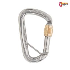 Silberner Austrialpin FERR.DA Edelstahl Schraubkarabiner mit Splint und goldfarbener Messingrolle.