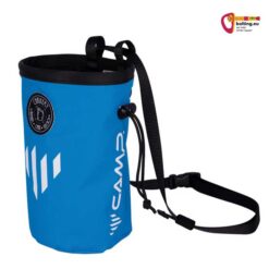 Blaues Camp Omega Chalkbag für Handy von der Rückseite mit weißem Logo.
