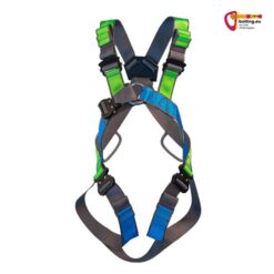 Blau grüner Fallgurt Rock Empire Ronda Speed mit Speed Schnallen von vorne.