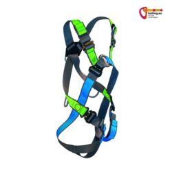 Blau grüner Fallgurt Rock Empire Ronda Speed mit Speed Schnallen von der Seite.