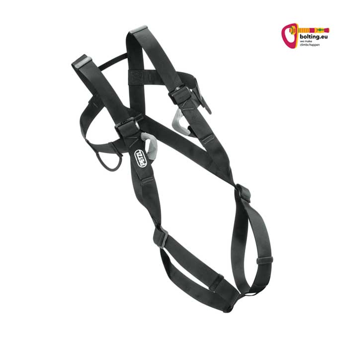 Schwarzes Petzl 8003 Klettergeschirr schräg in weißem Quadrat.