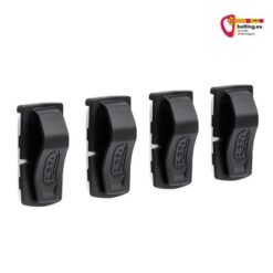 Vier Stück schwarze Petzl Uni Adapt Stirnlampen Klebeklips schräg nebeneinander.