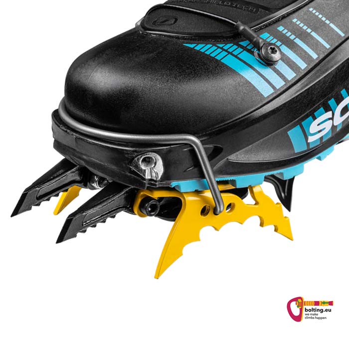 Gelb schwarzes Grivel Steigeisen mit Grivel G 20 Plus - G 22 Plus Ski Boots Bail und Scarpa Schuhspitze.