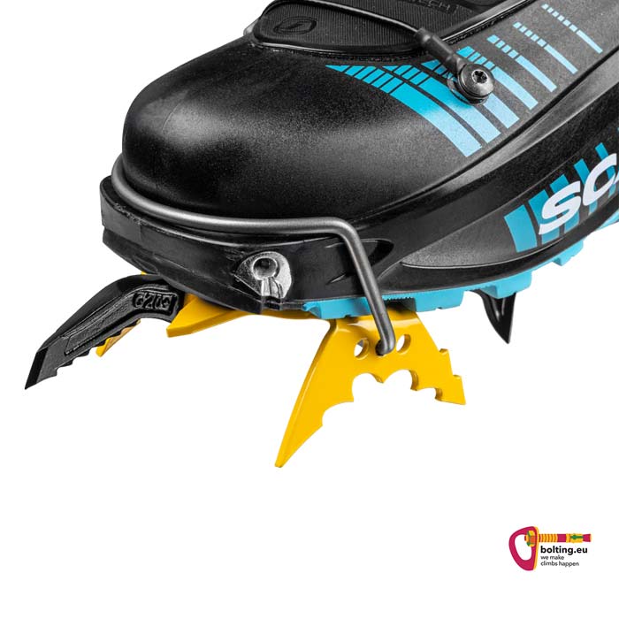 Gelb schwarzes Grivel Steigeisen mit Grivel G 20 Plus - G 22 Plus Ski Boots Bail und Scarpa Schuhspitze.