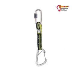 bolting.eu Kletterwand Expressschlinge mit 12cm und gelber Schlinge auf weißem Quadrat.