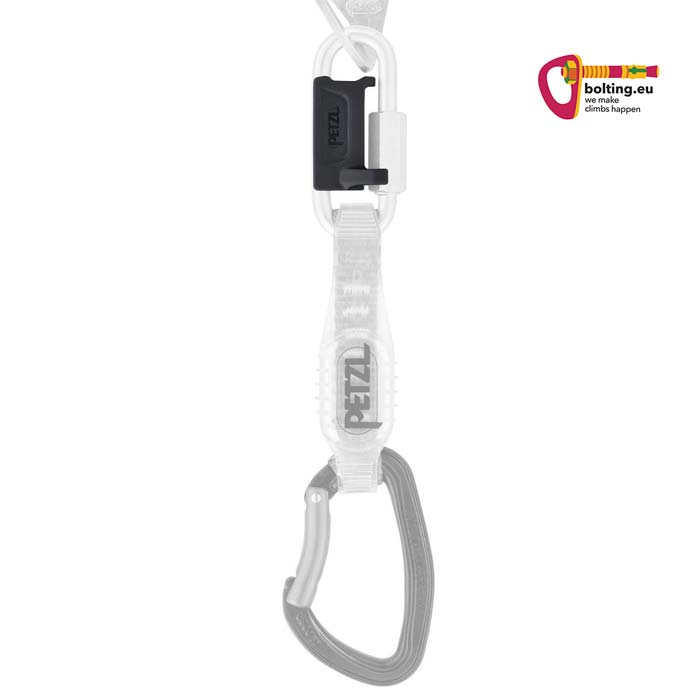 Expressschlinge in Bohrhakenlasche mit Petzl Go Rapidglied und schwarzen K-Link Verdrehschutz.