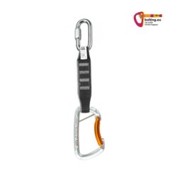 Schwarze Kletterhallen Express mit silbernen Rapidglied und silbern orangen Stahlkarabiner.