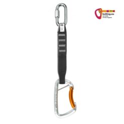 Schwarze Kletterhallen Express mit silbernen Rapidglied und silbern orangen Stahlkarabiner.