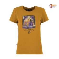Curryfarbenes E9 Sunset Damen Klettershirt von vorne mit buntem Print vor weißem Hintergrund.