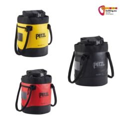 Drei Petzl Bucket 15 Seiltaschen in gelb, rot und schwarz auf weißem Hintergrund.