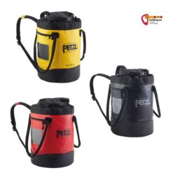 Drei Petzl Bucket 30 Seilsäcke in gelb, schwarz und rot auf weißem Hintergrund.