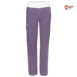 Violette Chillaz Sandra 3.0 Kletterhose mit breitem weißen und hochgezogenem Bund.