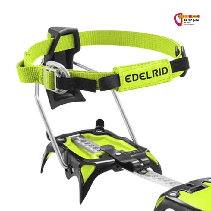 Details des Edelrid Shark Auto Steigeisens mit schwarzem Fersenteil und Fersenbindung.