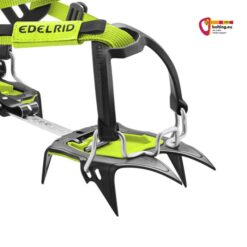 Detail eines Kinder Steigeisens mit Riemenbindung am Frontteil.