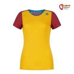 Gelb rotes Rafiki Chulilla Lady Damen Klettershirt von vorne vor weißem Hintergrund.